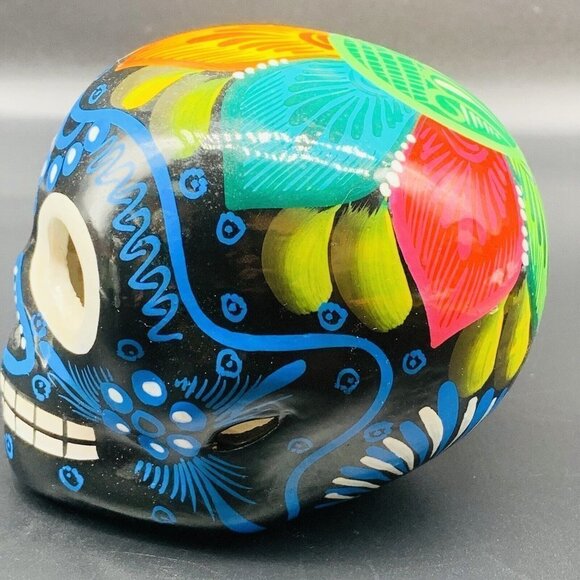Mexican Folk Art Pottery Hand Painted Colorful Sugar Skull 2.5”T 4”W - Picture 4 of 6